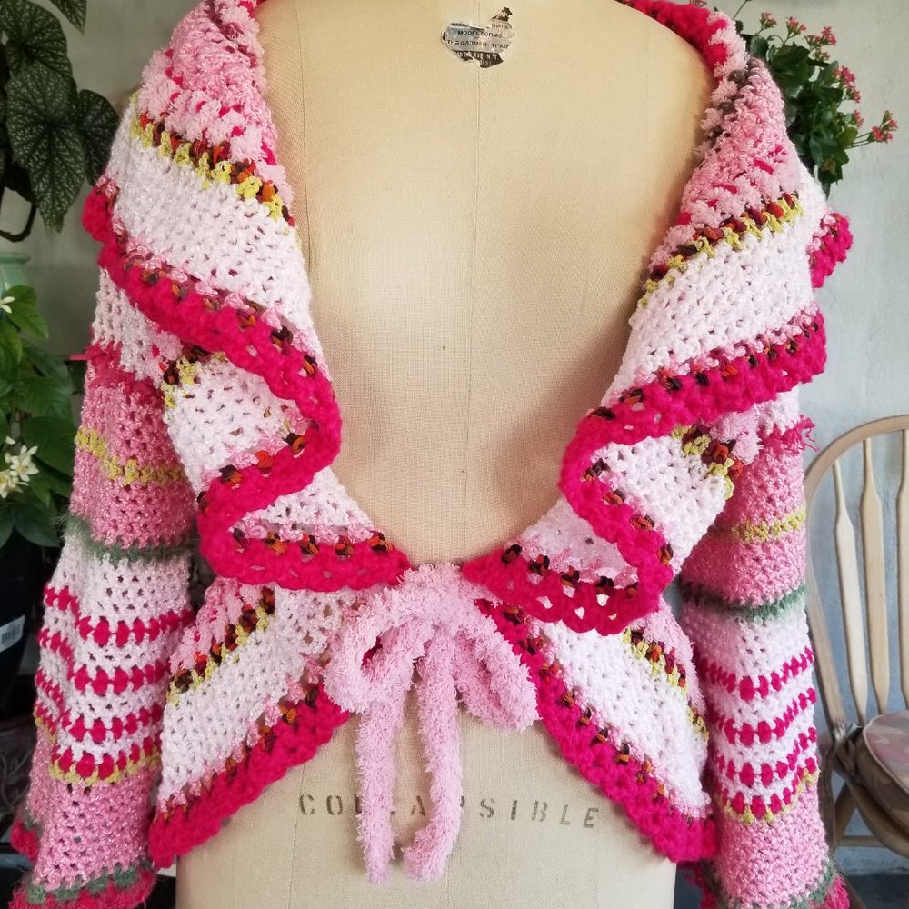 Crochet Pink MANDALA BOHO BOHEMIAN Chic Handmade Sweater MED - Picture 8 of 16